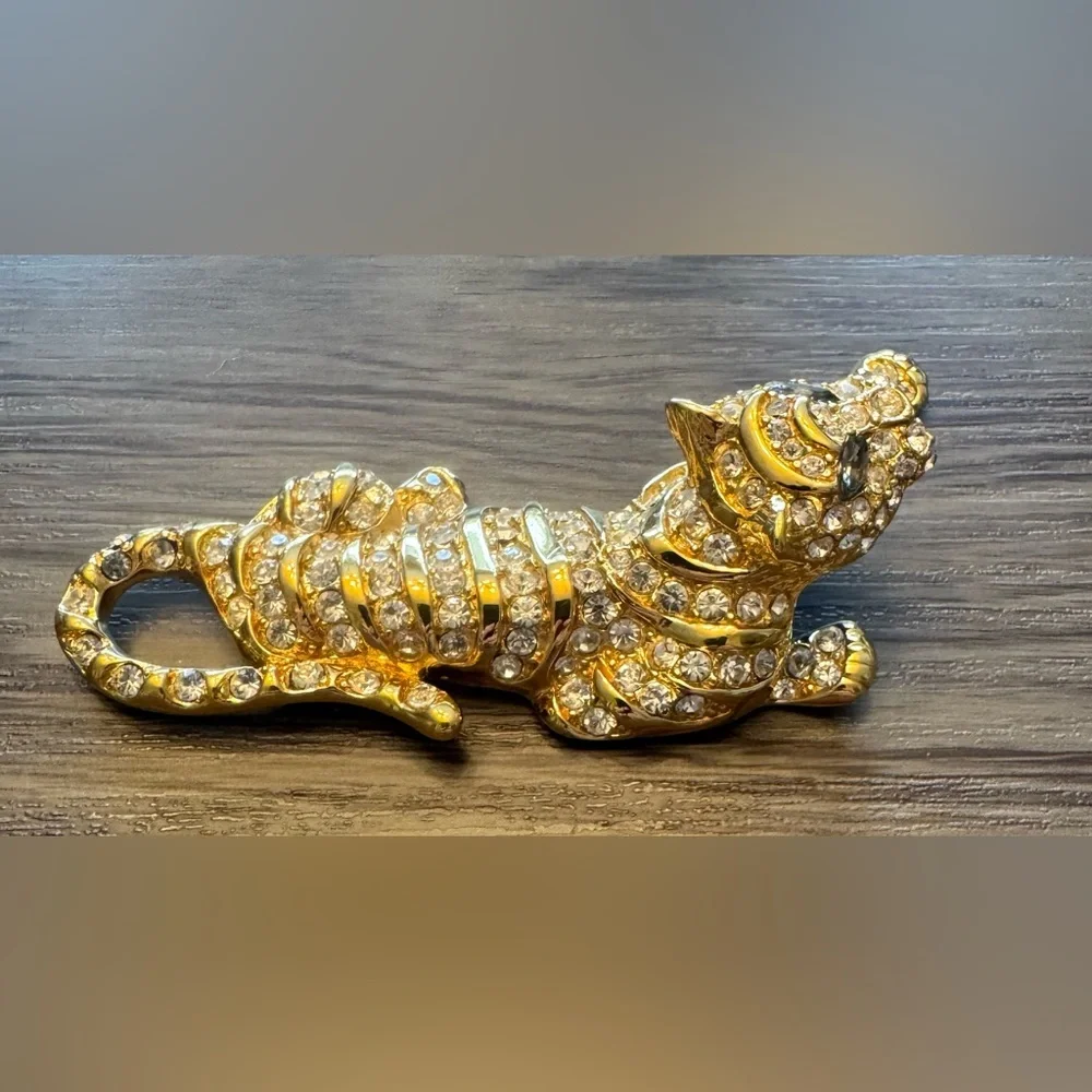 Trifari Vintage Gold and Crystal Tiger Brooch